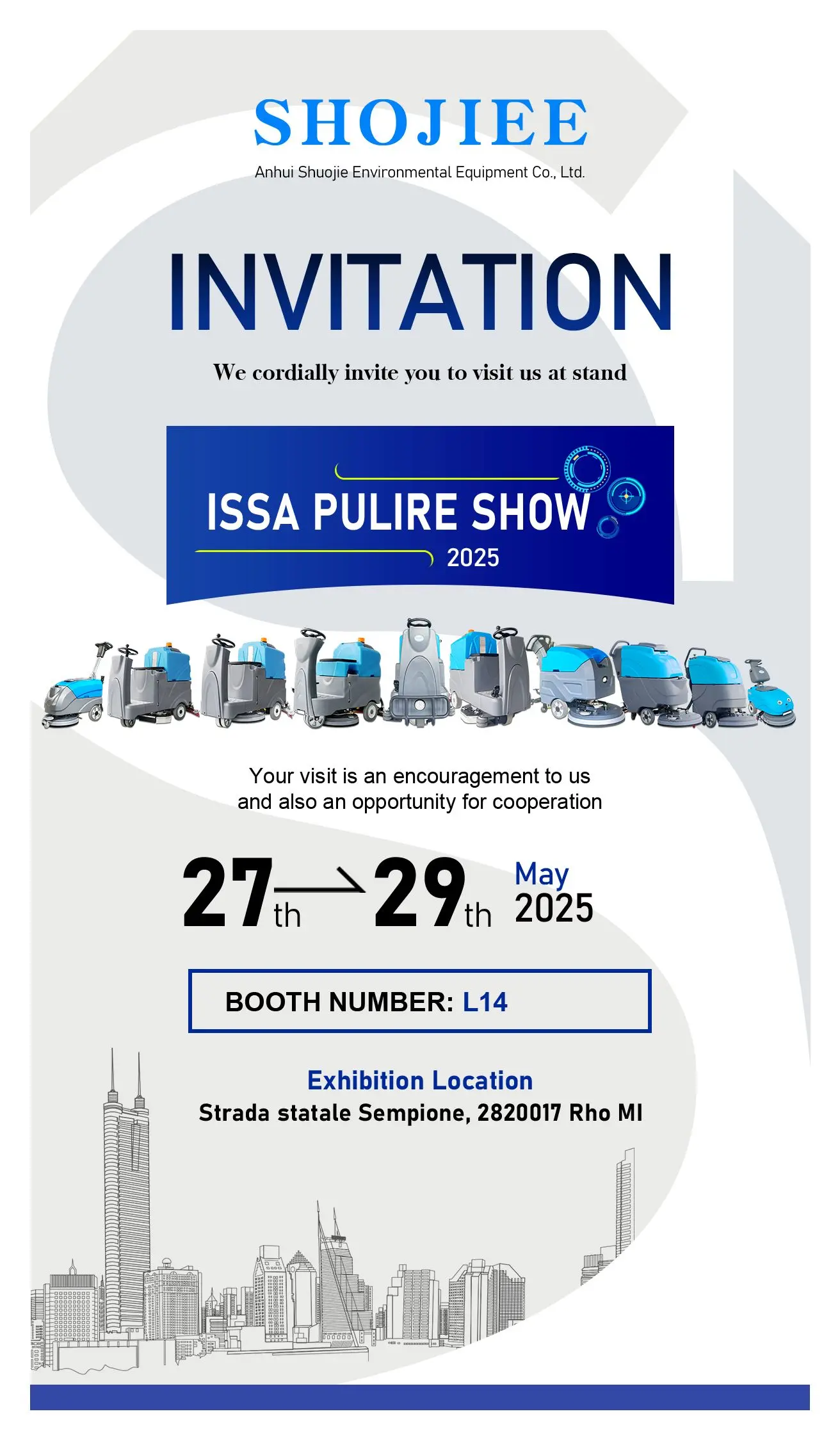 Anhui Shuojie Environmental Equipment Co., Ltd. will appear at the ISSA PULIRE Show 2025 in Italy to talk with global industry elites with floor scrubber and sweeper solutions